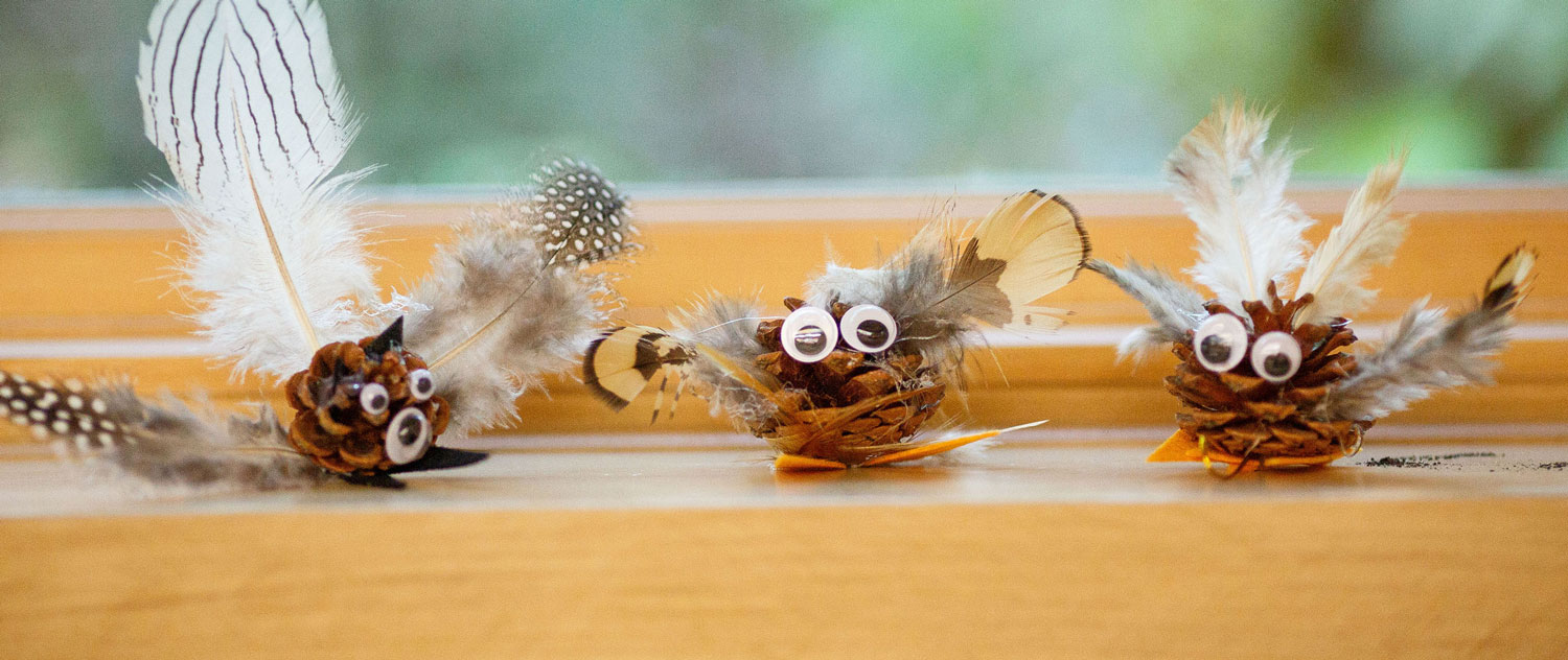 Make and take activity with owls made from pine cones and feathers