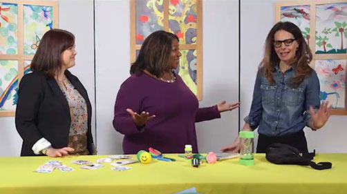 Hosts on set, showing examples of tools for the class room