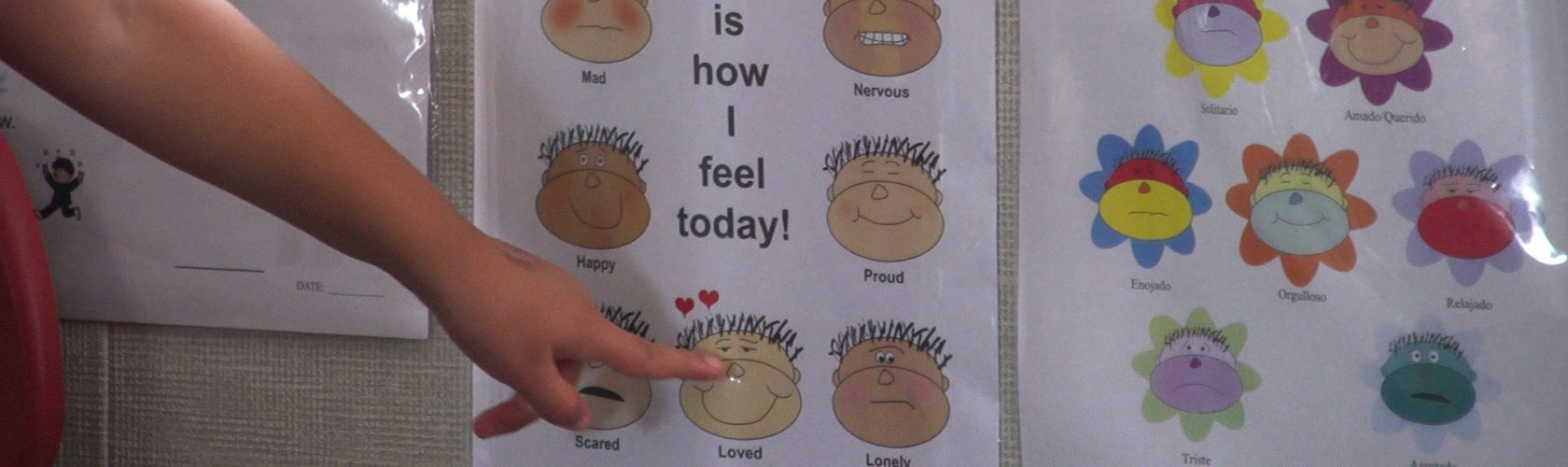 Child's hand pointing to "loved" feeling of feelings chart. Different facial expressions representing different feelings surround the headline "This is how I fell today!"